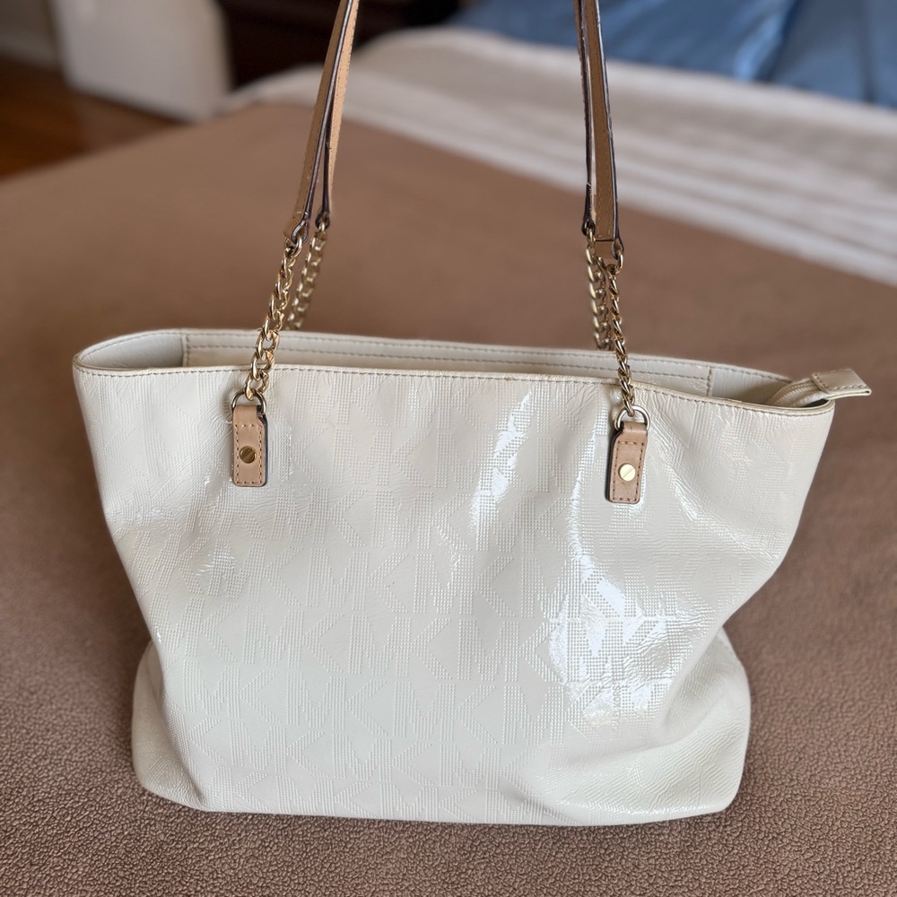 Michael Kors White Patent Leather Tote with Gold Hardware